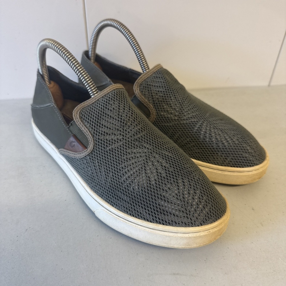 OluKai Pehuea Palm Foliage Print Mesh Slip On Shoes Gray Womens 8.5 20271-TZER